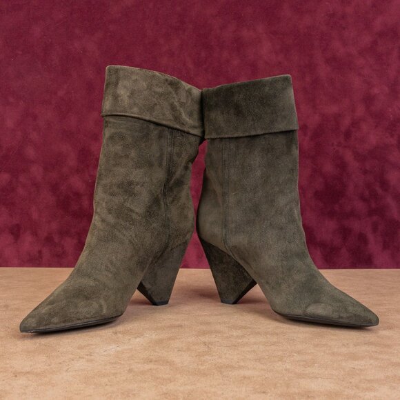 Saint Laurent Niki 85mm Green Suede Logo Heel Ankle Fold Boots 6.5US EUR37 - Picture 2 of 8